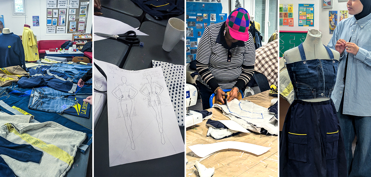 4 photos de l'atelier d'upcycling : les vêtements à recycler, les croquis, la réalisation des patrons, les retouches sur mannequin.
